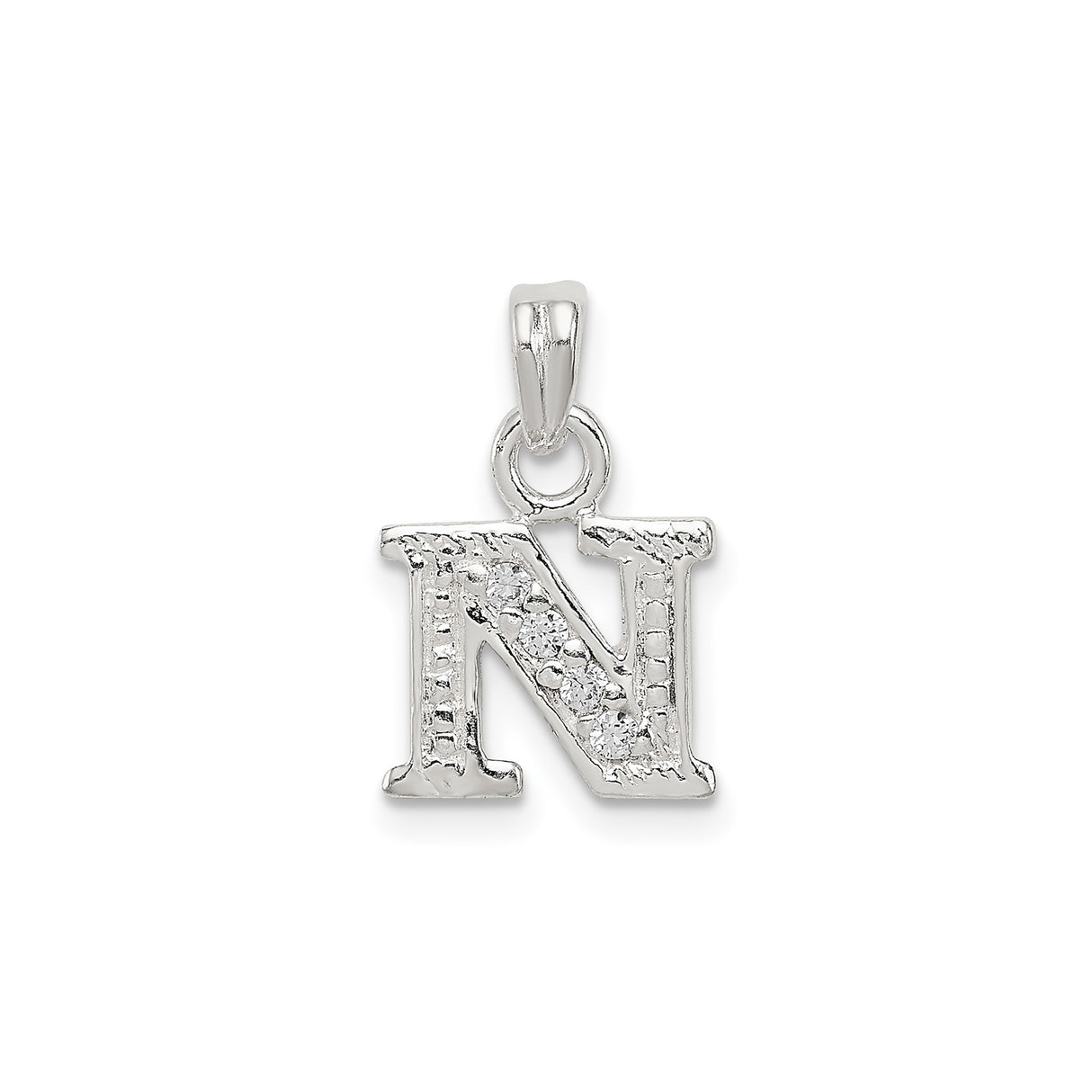 Sterling Silver Initial N Pendant with Cubic Zirconia, Polished Letter Charm for Women