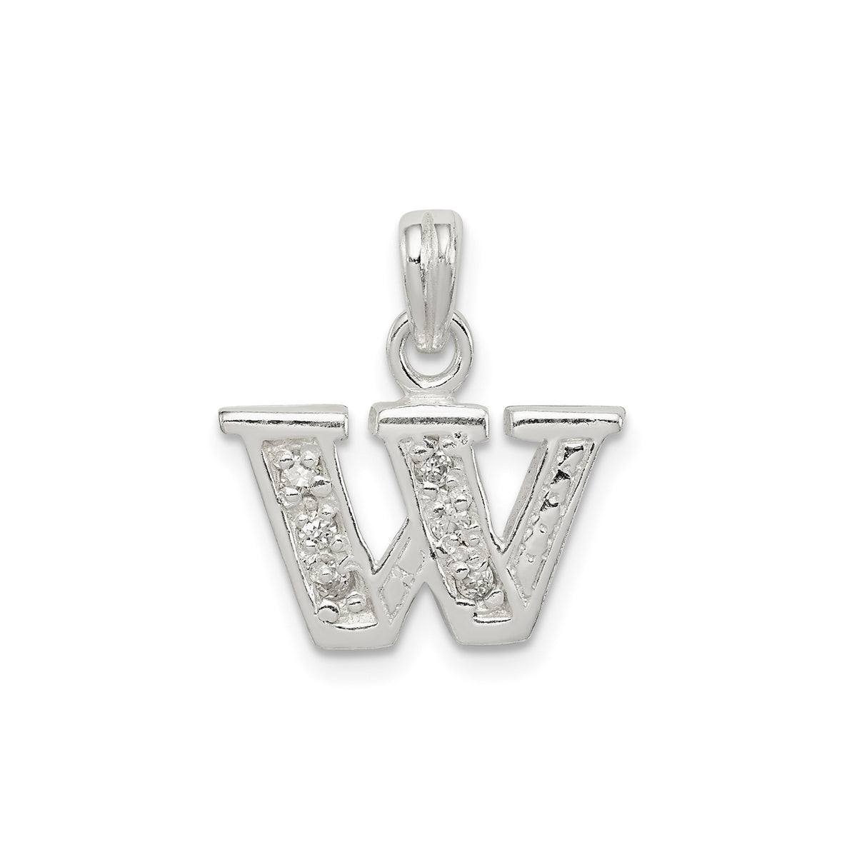 Sterling Silver W Pendant with Cubic Zirconia, Diamond-Cut Accents, Initial Letter Charm