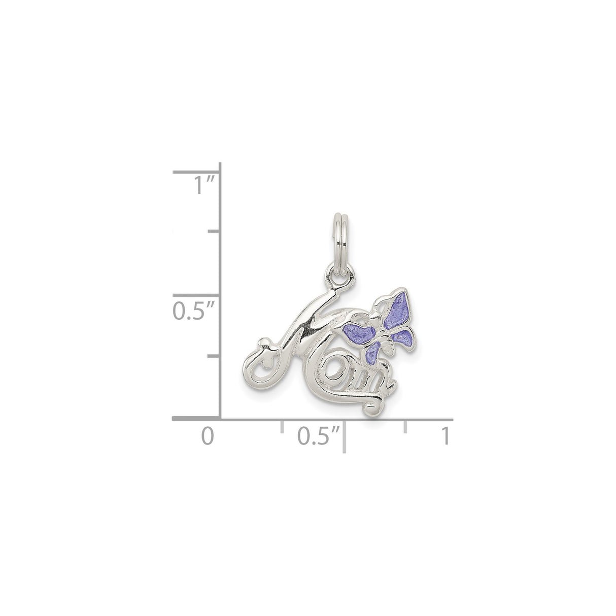 Sterling Silver Mom Pendant Charm with Purple Enamel Butterfly Accent, Script Design