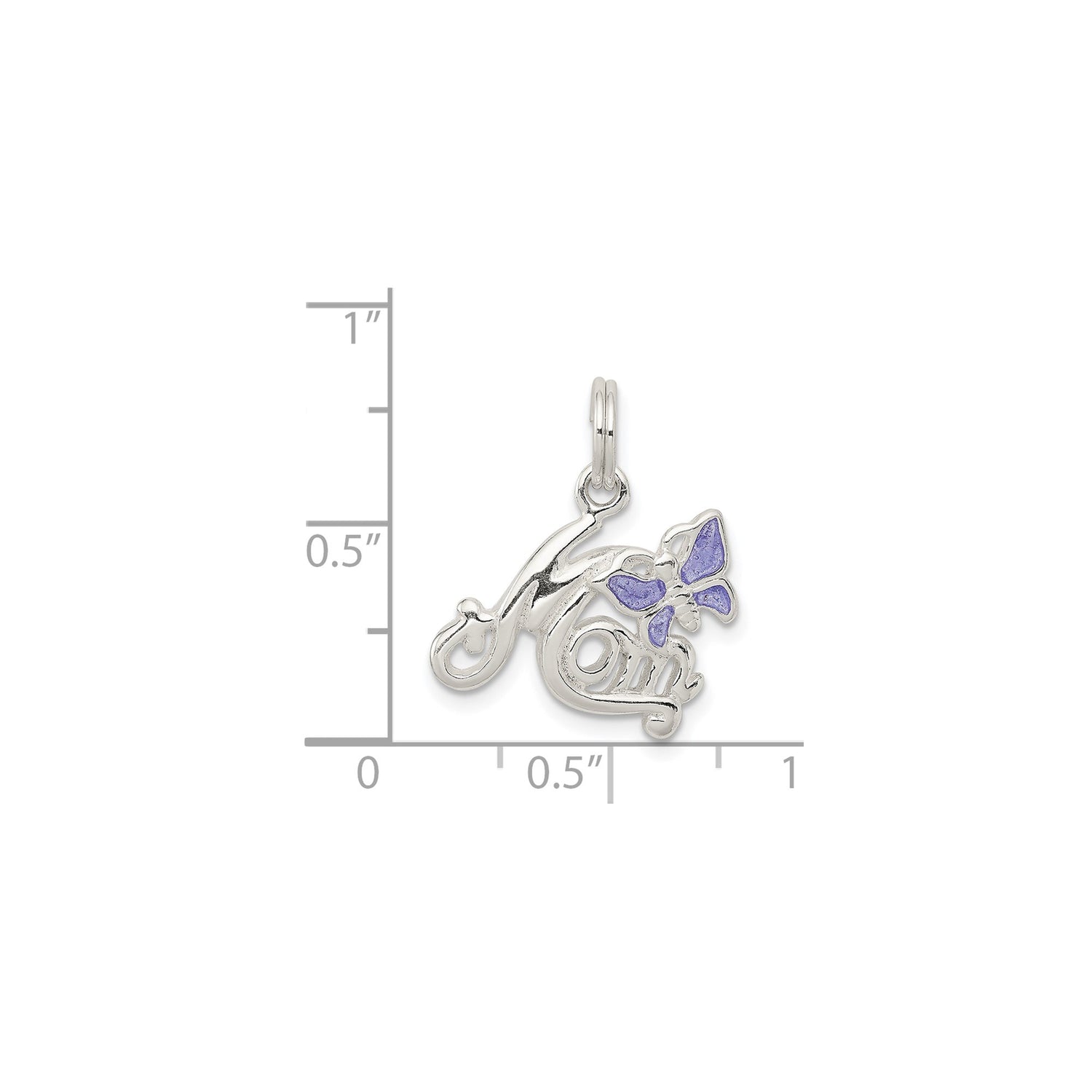 Sterling Silver Mom Pendant Charm with Purple Enamel Butterfly Accent, Script Design