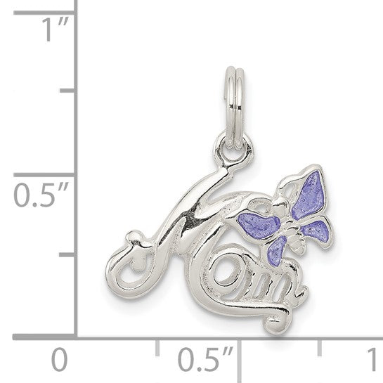 Sterling Silver Mom Pendant Charm with Purple Enamel Butterfly Accent, Script Design