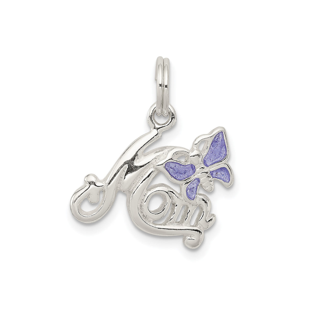Sterling Silver Mom Pendant Charm with Purple Enamel Butterfly Accent, Script Design