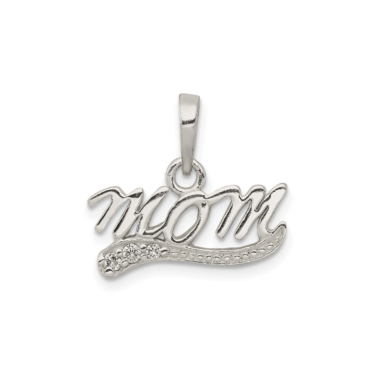 Sterling Silver Mom Pendant with Cubic Zirconia, Cursive Script Family Jewelry for Women