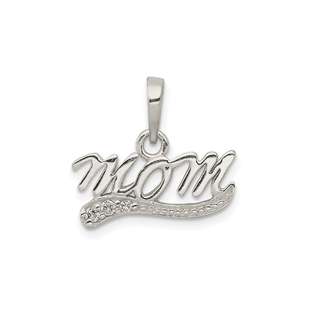 Sterling Silver Mom Pendant with Cubic Zirconia, Cursive Script Family Jewelry for Women