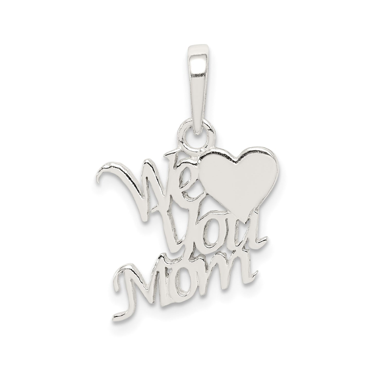 Sterling Silver Mom Pendant with Heart Symbol and We Love You Sentiment Charm