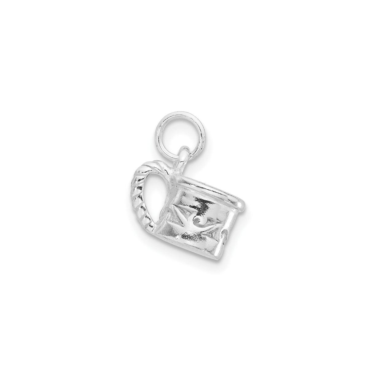 Sterling Silver Bucket Charm Pendant with Vine Motif and Leaf Engraving