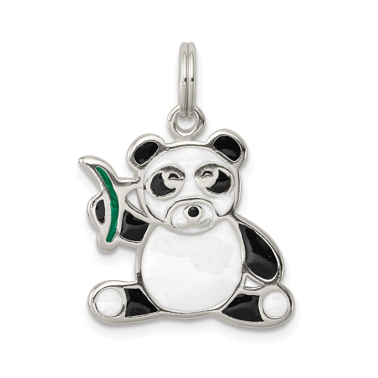 Sterling Silver Panda Bear Pendant with Black and White Enamel and Green Bamboo Accent