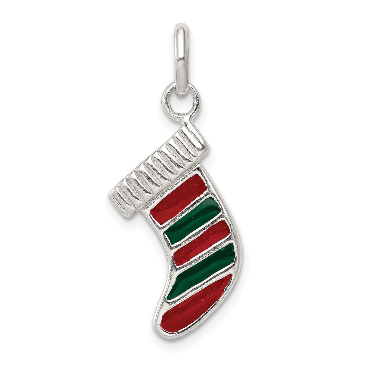 Sterling Silver Christmas Stocking Pendant with Red and Green Enamel, Festive Holiday Charm