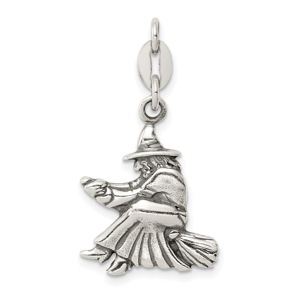 Sterling Silver Witch on Broomstick Pendant, Gothic Wiccan Halloween Charm for Women