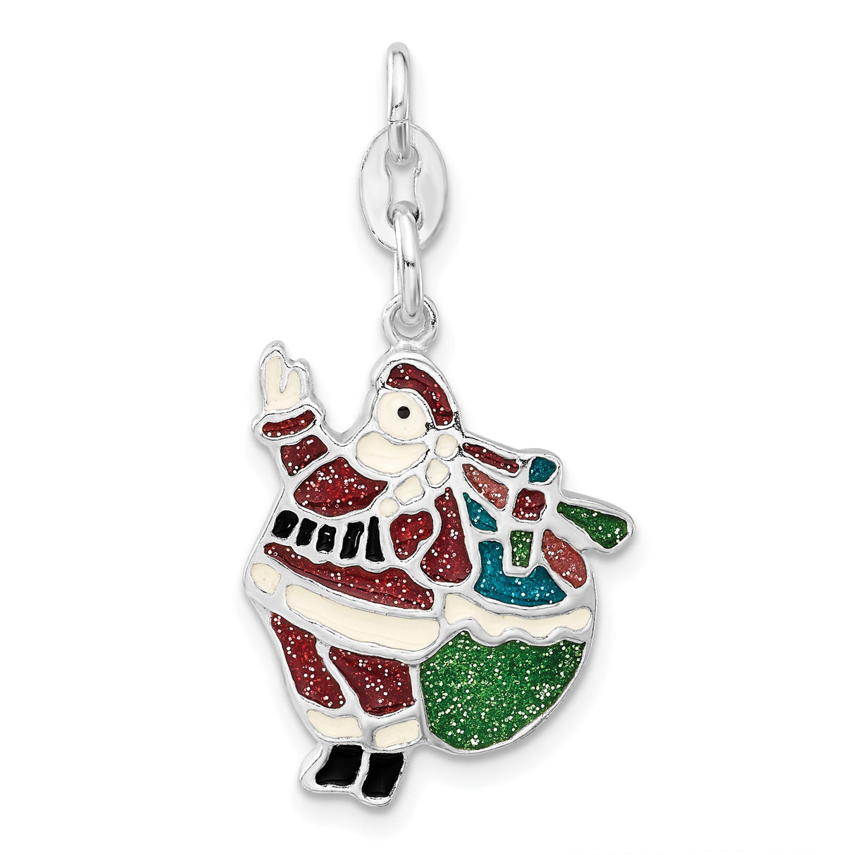 Sterling Silver Santa Claus Charm with Red, Green and White Enamel Accents, Festive Holiday Design