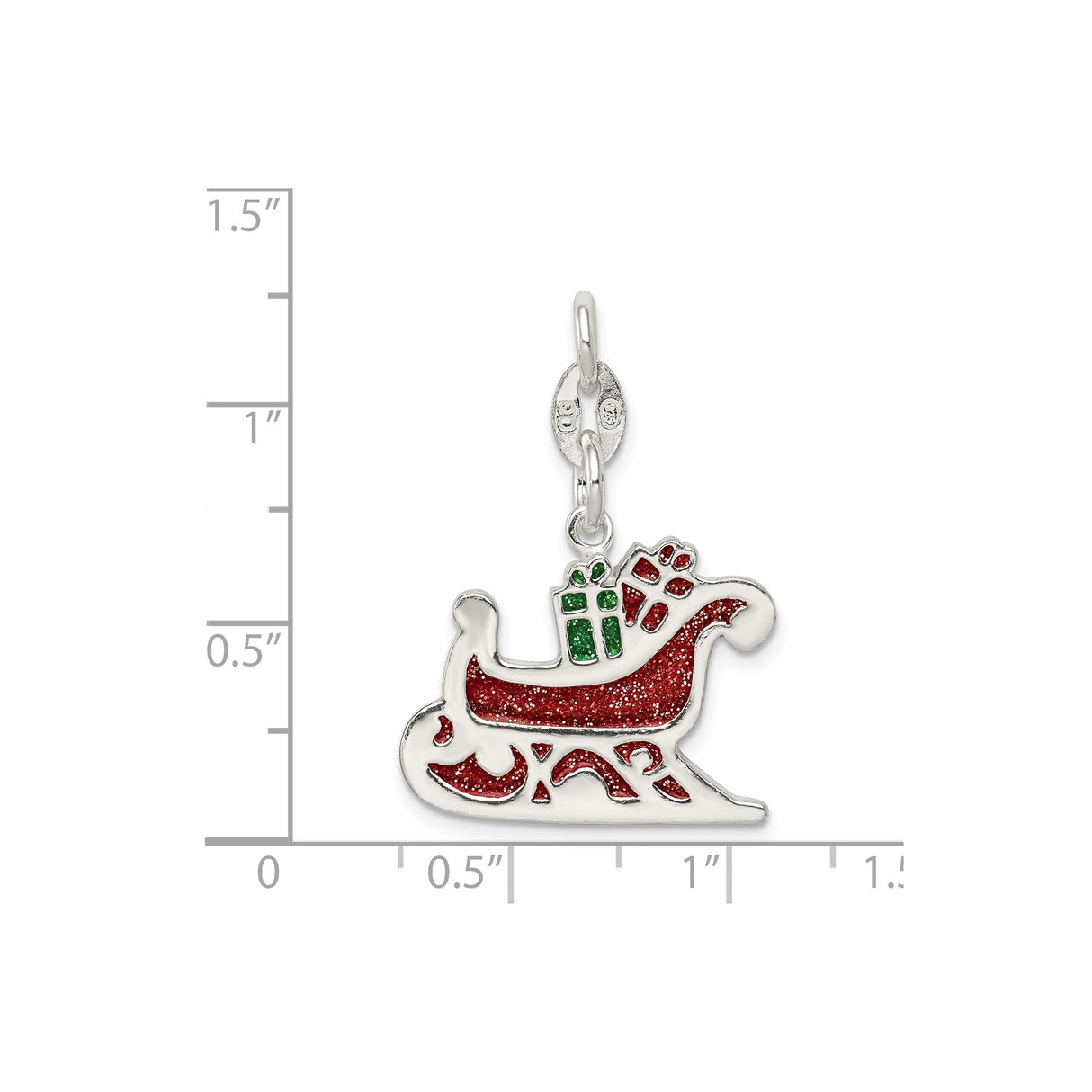 Sterling Silver Sleigh Charm Pendant with Red and Green Enamel, Festive Holiday Design