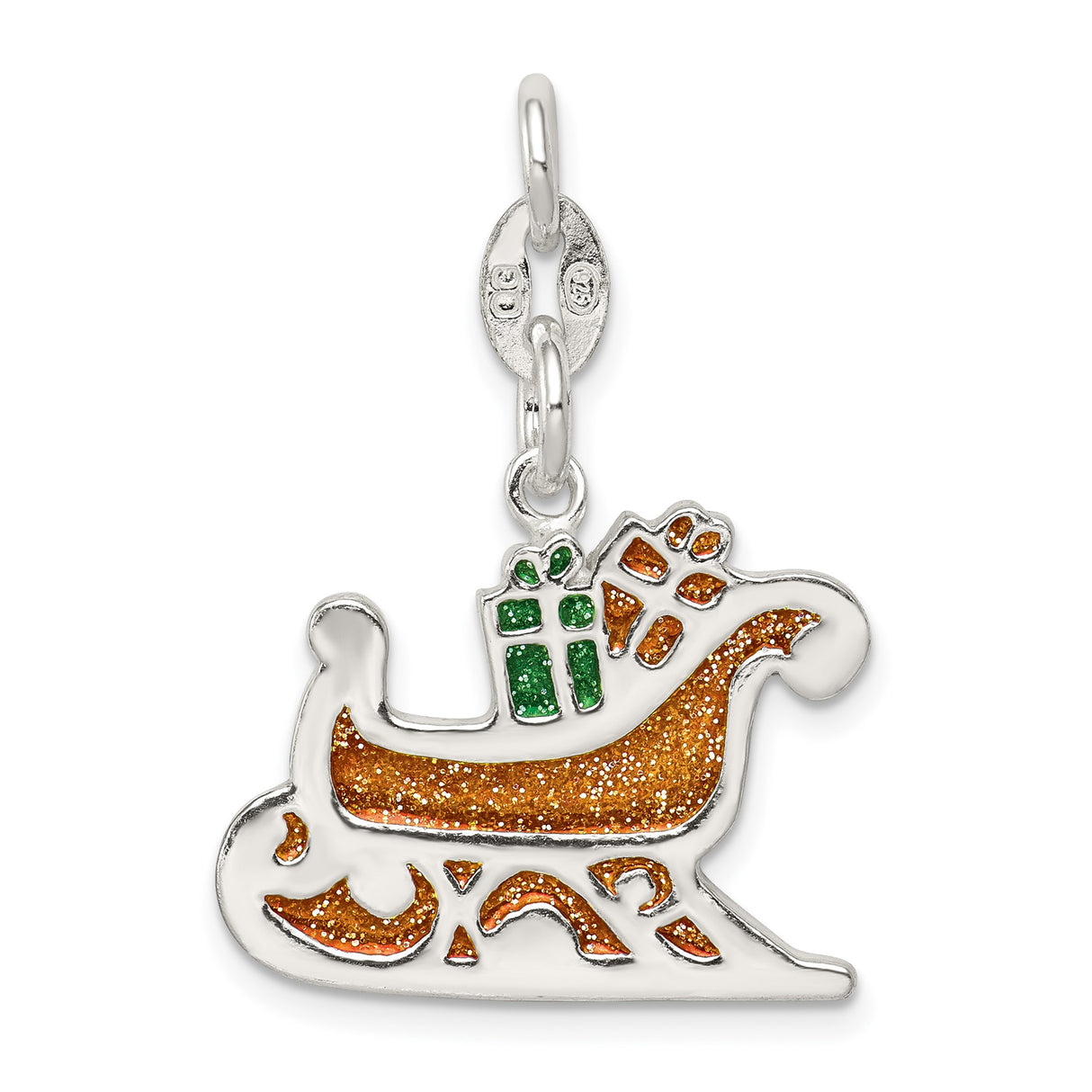 Sterling Silver Sleigh Charm Pendant with Red and Green Enamel, Festive Holiday Design