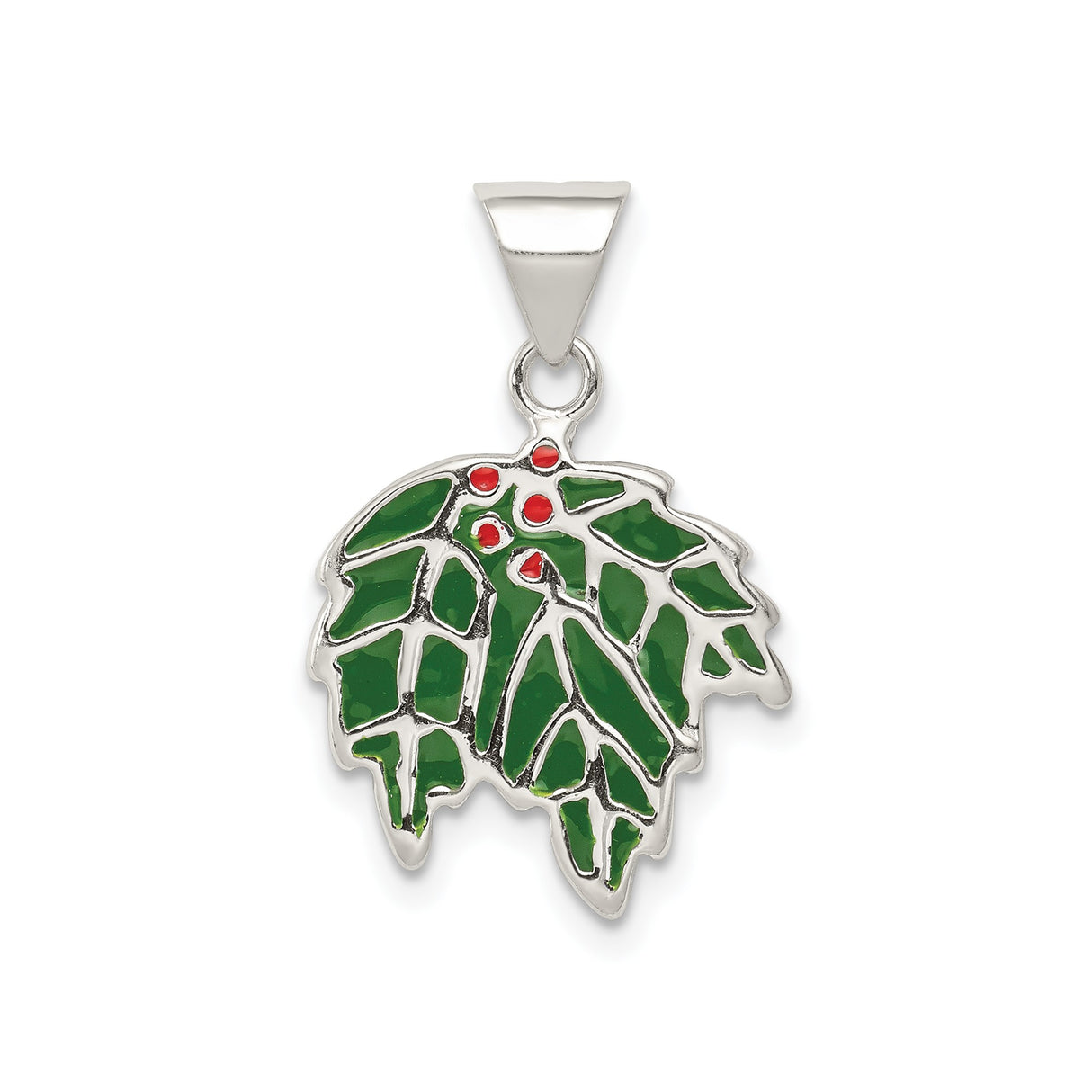 Sterling Silver Holly Leaf Pendant with Green Enamel and Red Berry Accents, Christmas Holiday Jewelry