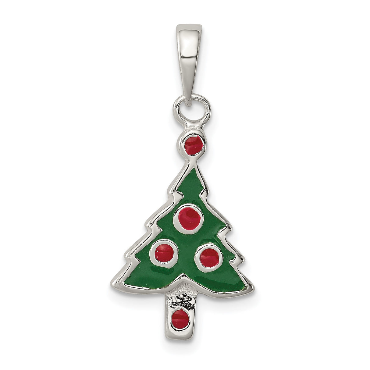 Sterling Silver Christmas Tree Pendant with Green Enamel and Red Accents, Holiday Jewelry for Women