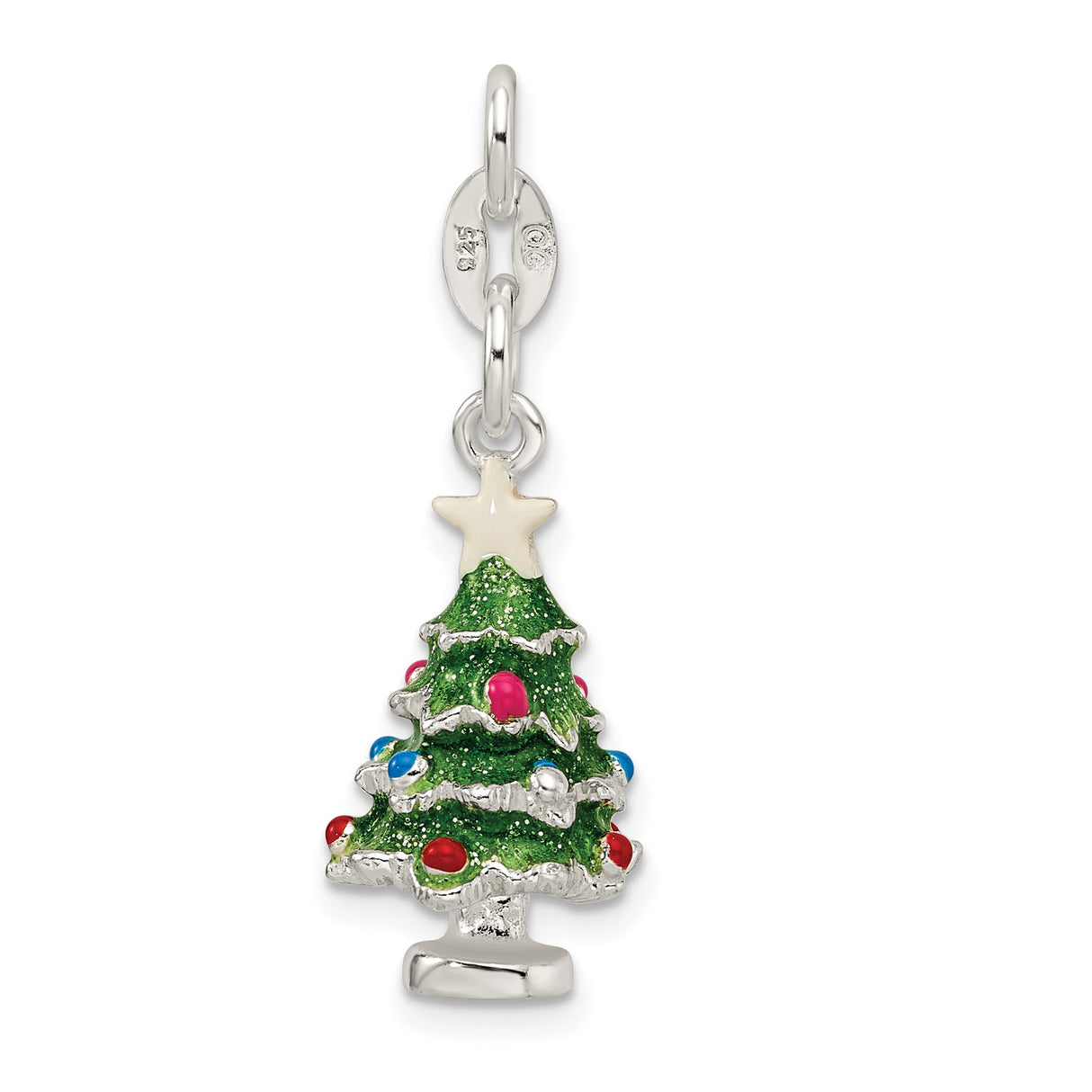 Sterling Silver Christmas Tree Charm with Green Enamel and White Star, Holiday Pendant