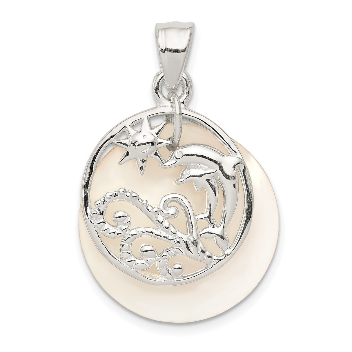 Sterling Silver Dolphin Pendant with Mother Of Pearl, Sun, and Ocean Wave Design