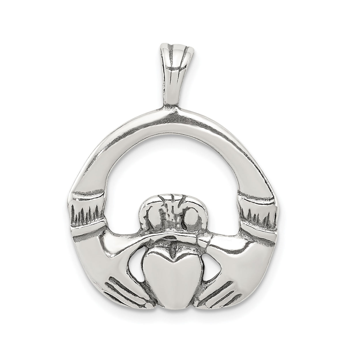 Sterling Silver Claddagh Pendant with Heart, Crown, and Hands, Celtic Irish Symbol