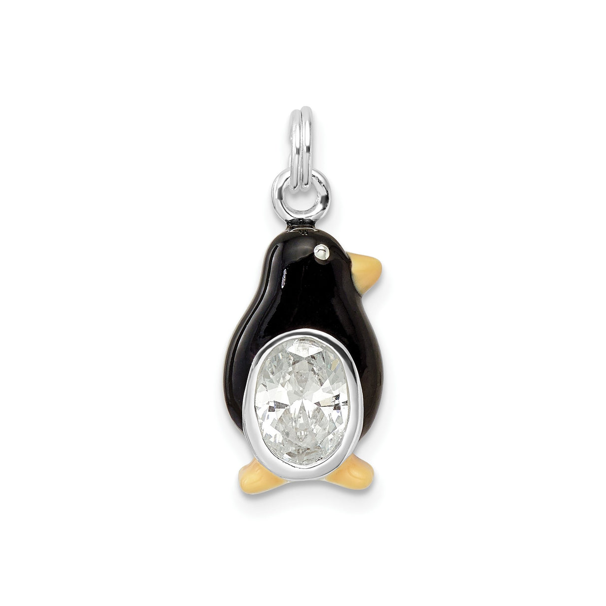 Sterling Silver Penguin Pendant with Cubic Zirconia and Black Enamel, Whimsical Animal Design