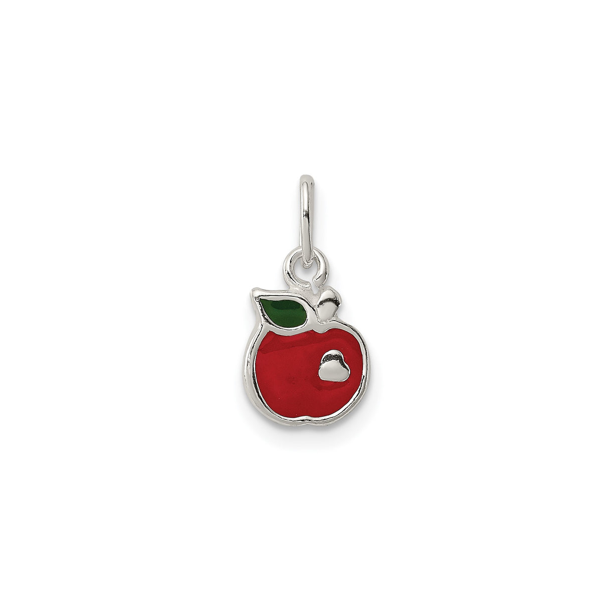 Sterling Silver Apple Charm Pendant with Green Leaf and Heart Shaped Bite