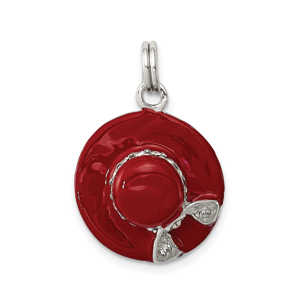 Sterling Silver Charm with Cubic Zirconia, Red Enamel Hat and Silver Bow, Fashion Accessory for Women