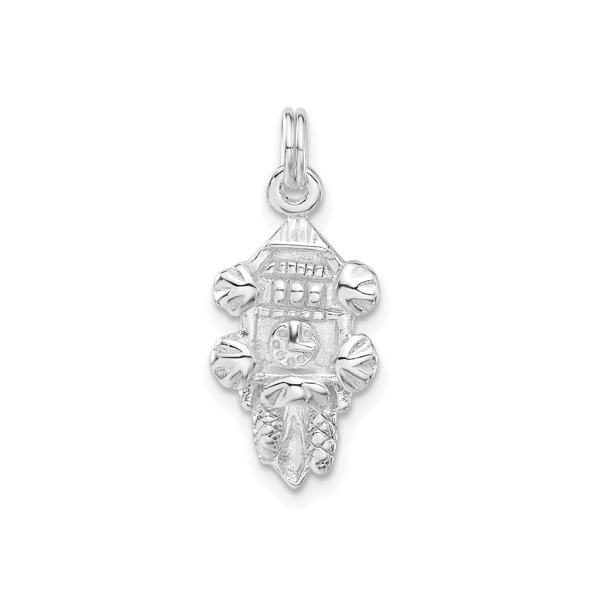 Sterling Silver Cuckoo Clock Charm Pendant with Leaf and Pinecone Design