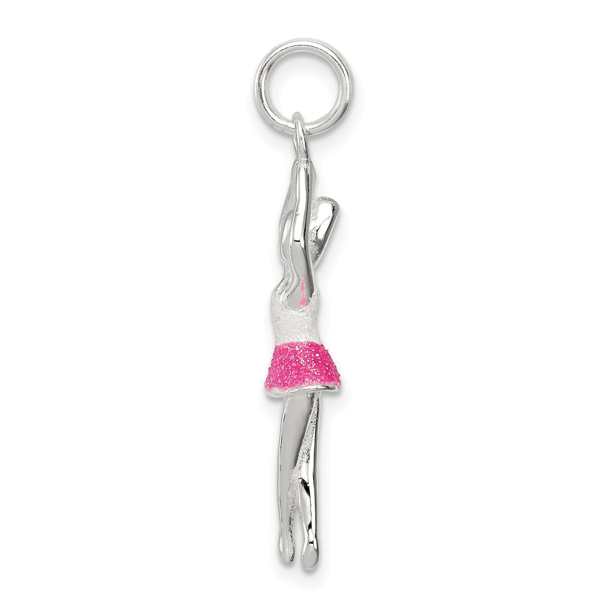 Sterling Silver Ballerina Pendant with Glittery Pink Tutu, Ballet Dancer Charm