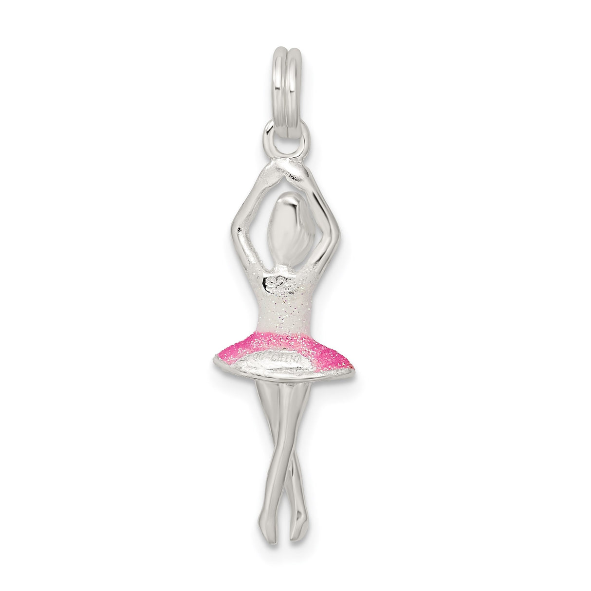 Sterling Silver Ballerina Pendant with Glittery Pink Tutu, Ballet Dancer Charm