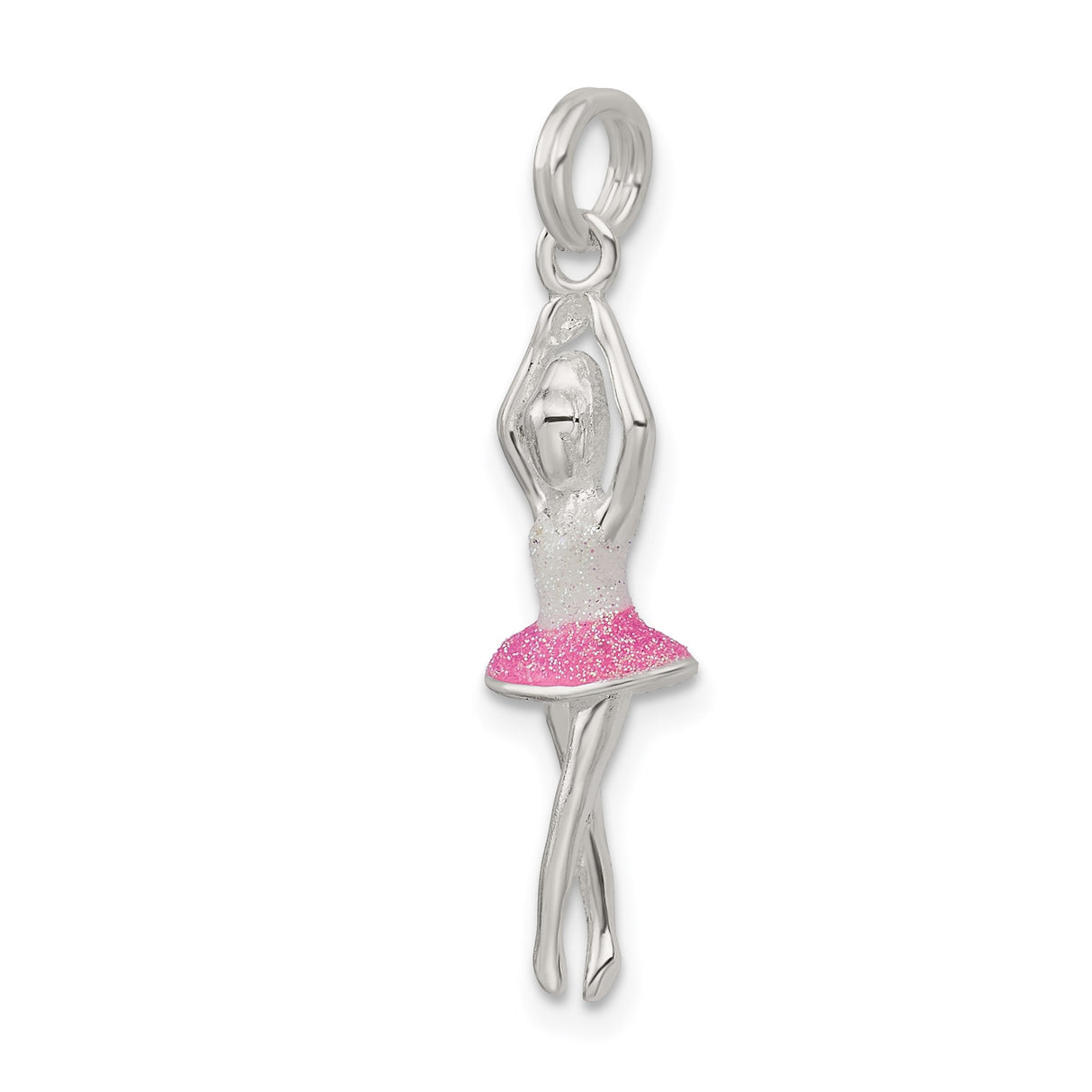 Sterling Silver Ballerina Pendant with Glittery Pink Tutu, Ballet Dancer Charm