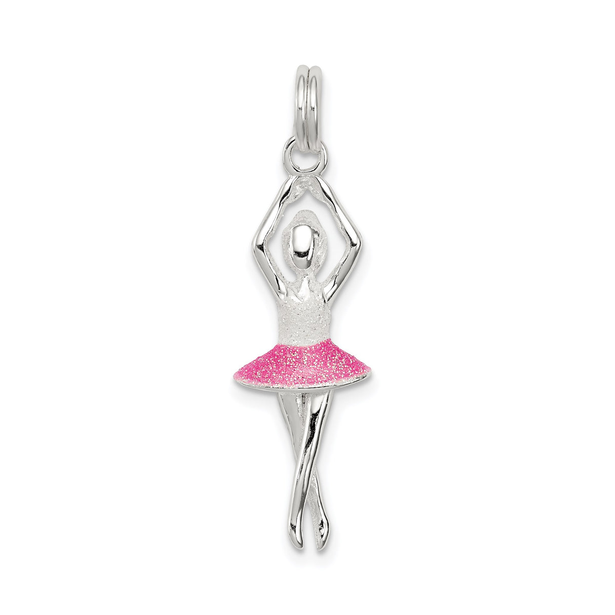 Sterling Silver Ballerina Pendant with Glittery Pink Tutu, Ballet Dancer Charm