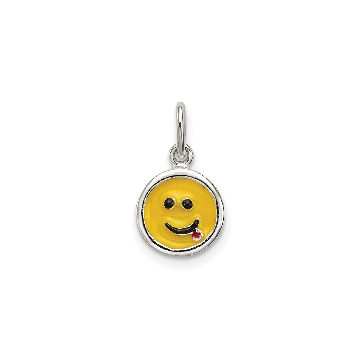 Sterling Silver Smiley Face Charm Pendant with Yellow Enamel Tongue Out Emoji Design