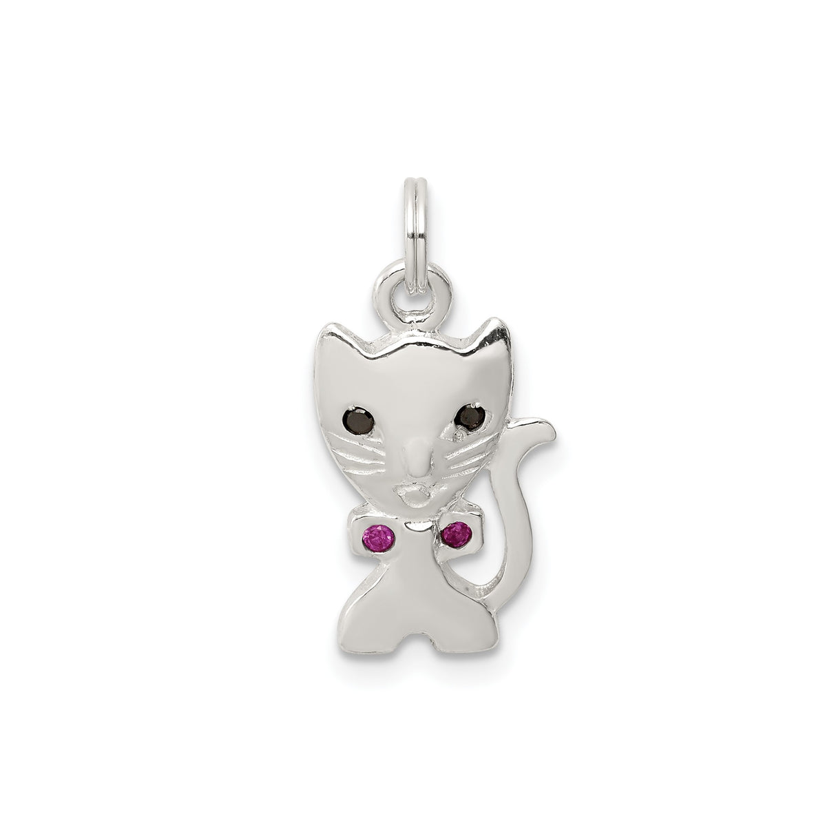 Sterling Silver Cat Pendant with Black Stone Eyes and Pink Gemstone Accents
