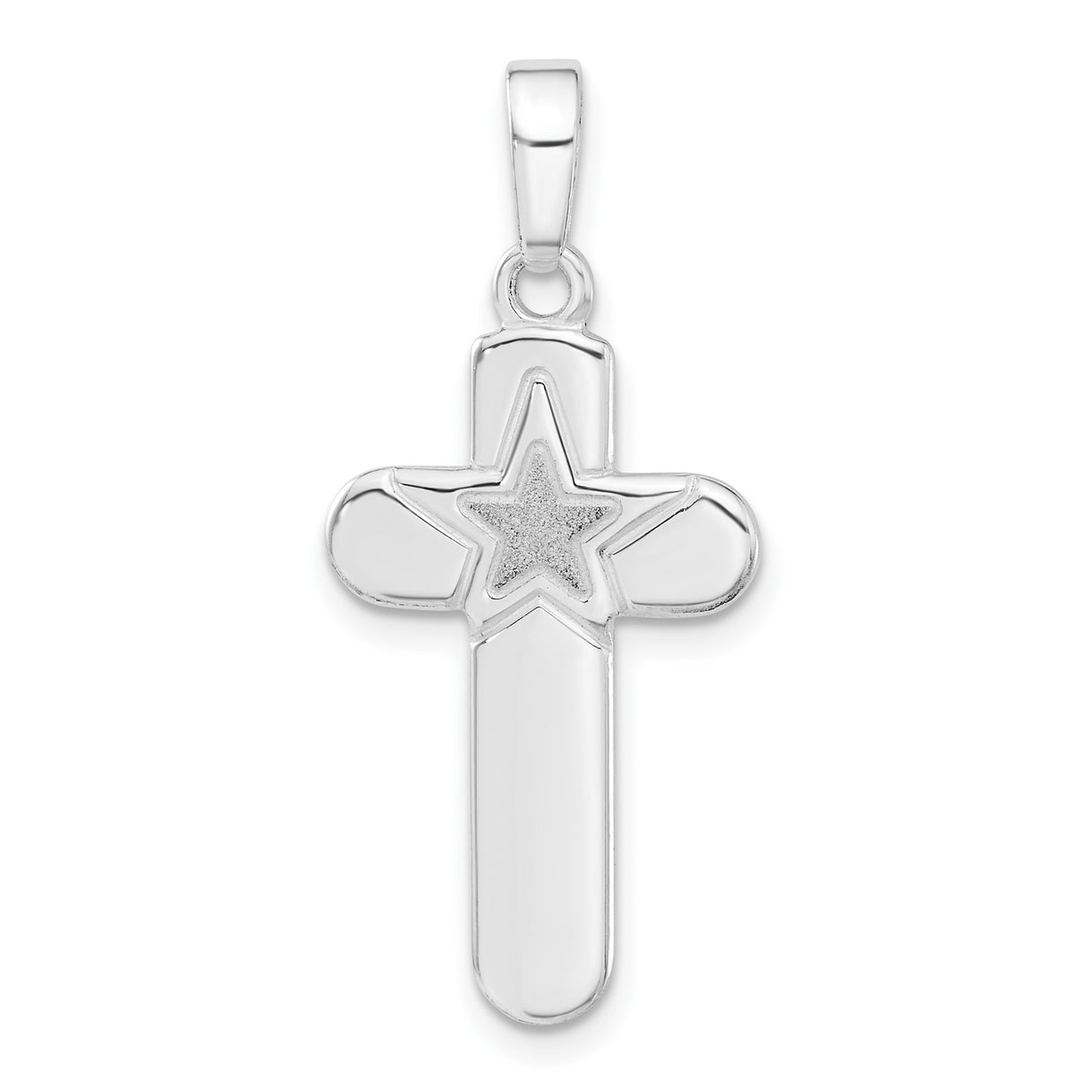 Sterling Silver Cross Pendant with Polished Matte Finish and Star Accent, Unisex Spiritual Jewelry