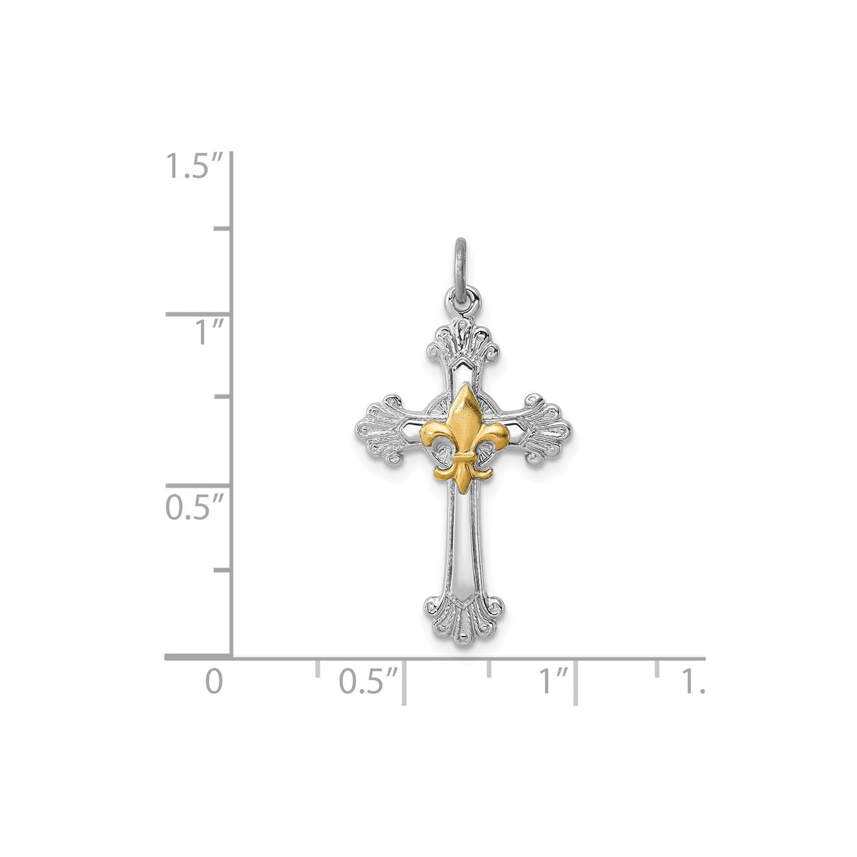 Sterling Silver Cross Pendant with Fleur de Lis, Baroque Style, Gold Plated Accent