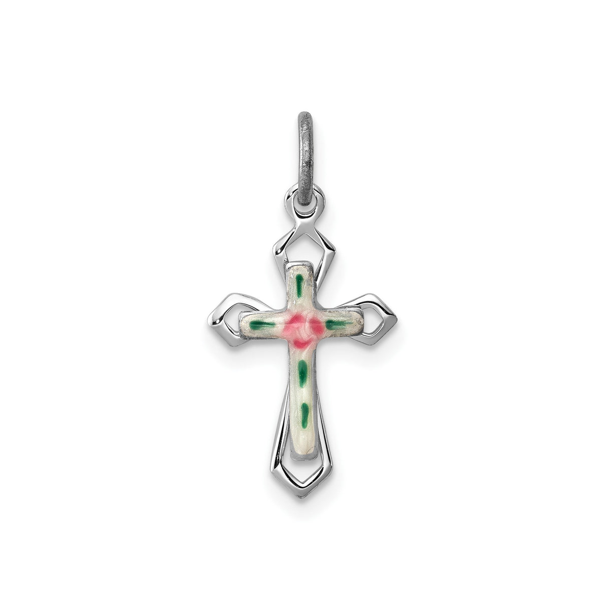 Sterling Silver Cross Pendant with Floral Enamel Design and Ribbon Accent