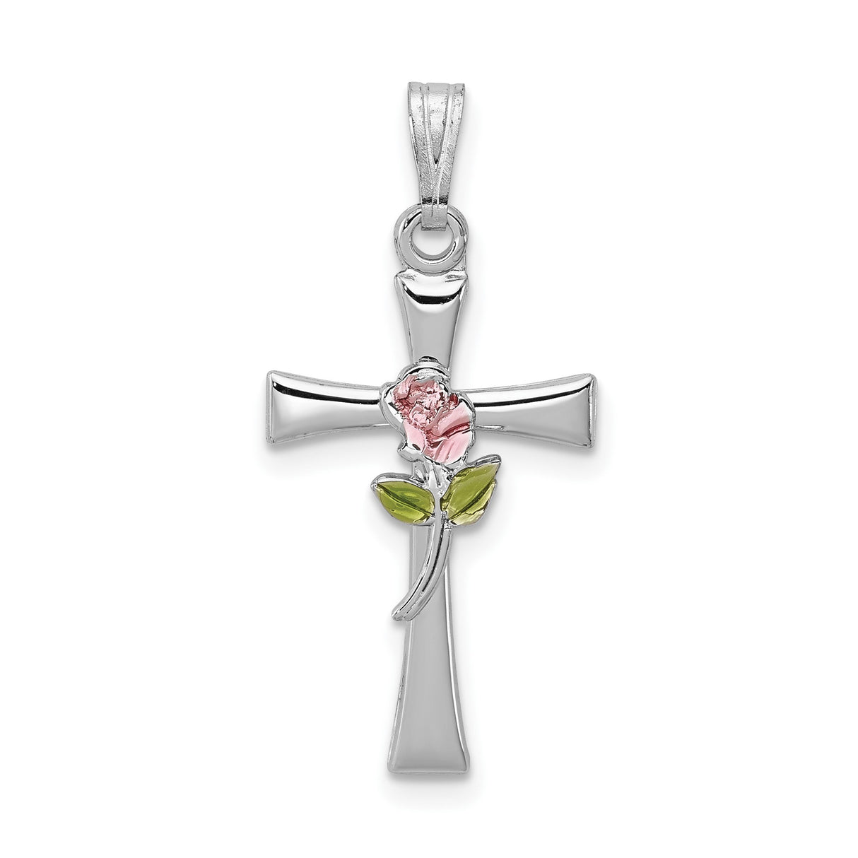 Sterling Silver Cross Pendant with Rose Detail and Floral Accents, Religious Symbol Jewelry