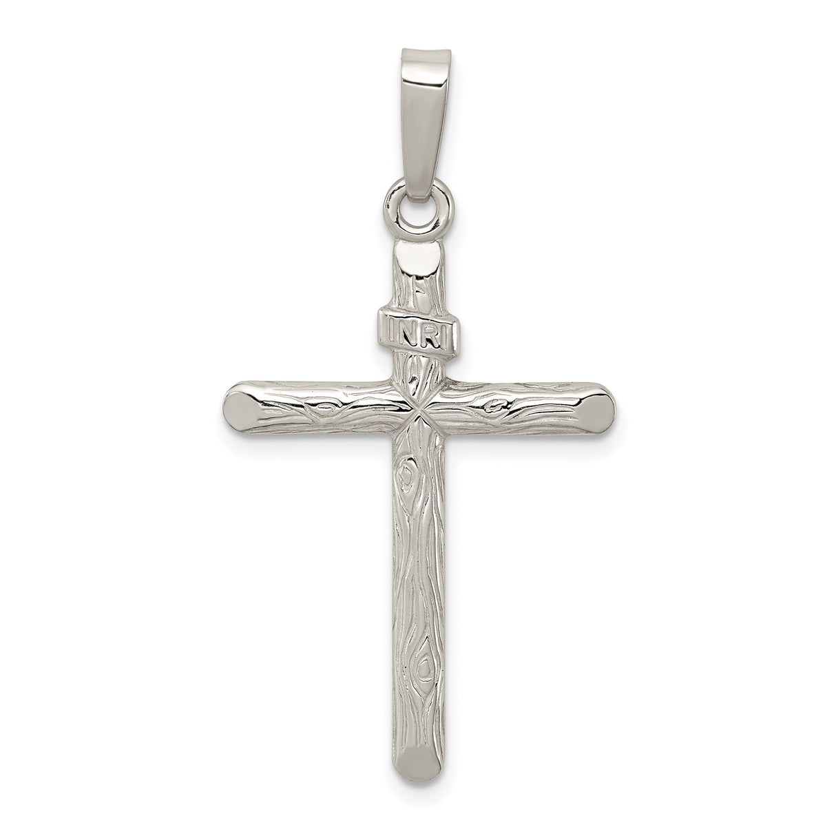 Sterling Silver Textured Woodgrain Cross Pendant with INRI Detail, Religious Charm for Men and Women