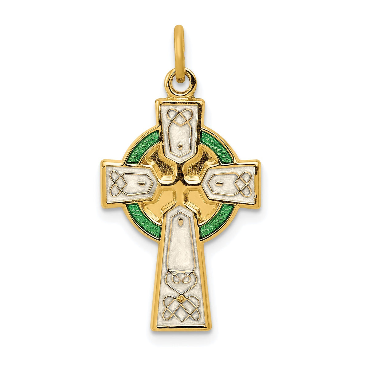 Sterling Silver Celtic Cross Pendant with Green Enamel Inlay and Halo Accents
