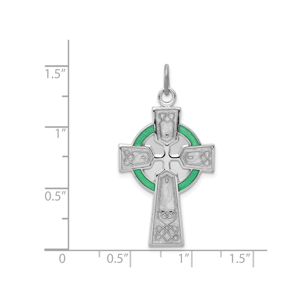 Sterling Silver Celtic Cross Pendant with Green Epoxy Accents and Knotwork Design