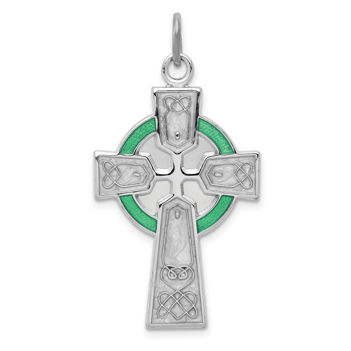 Sterling Silver Celtic Cross Pendant with Green Epoxy Accents and Knotwork Design
