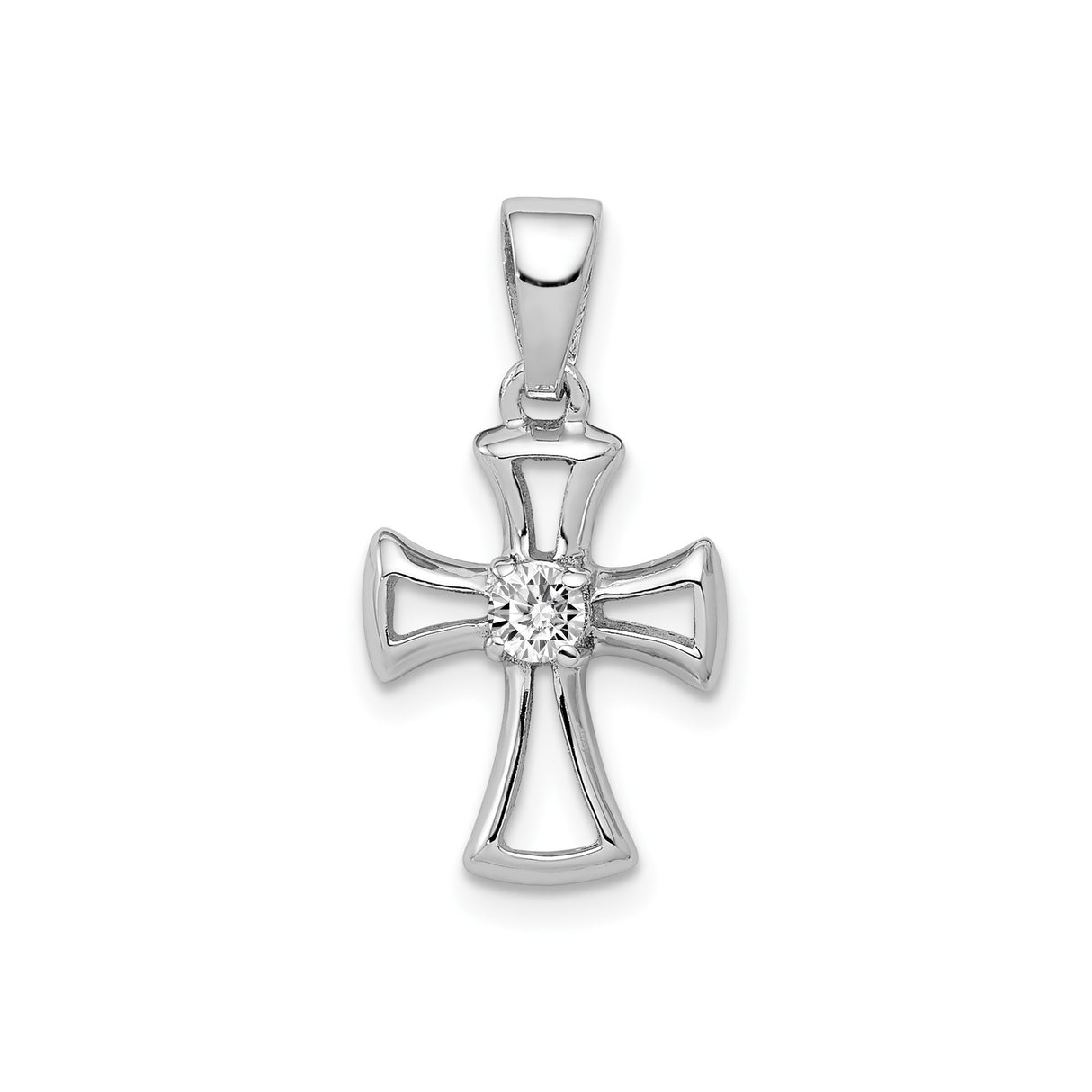 Sterling Silver Cross Pendant with Cubic Zirconia Center, Mirror Finish, Modern Religious Design