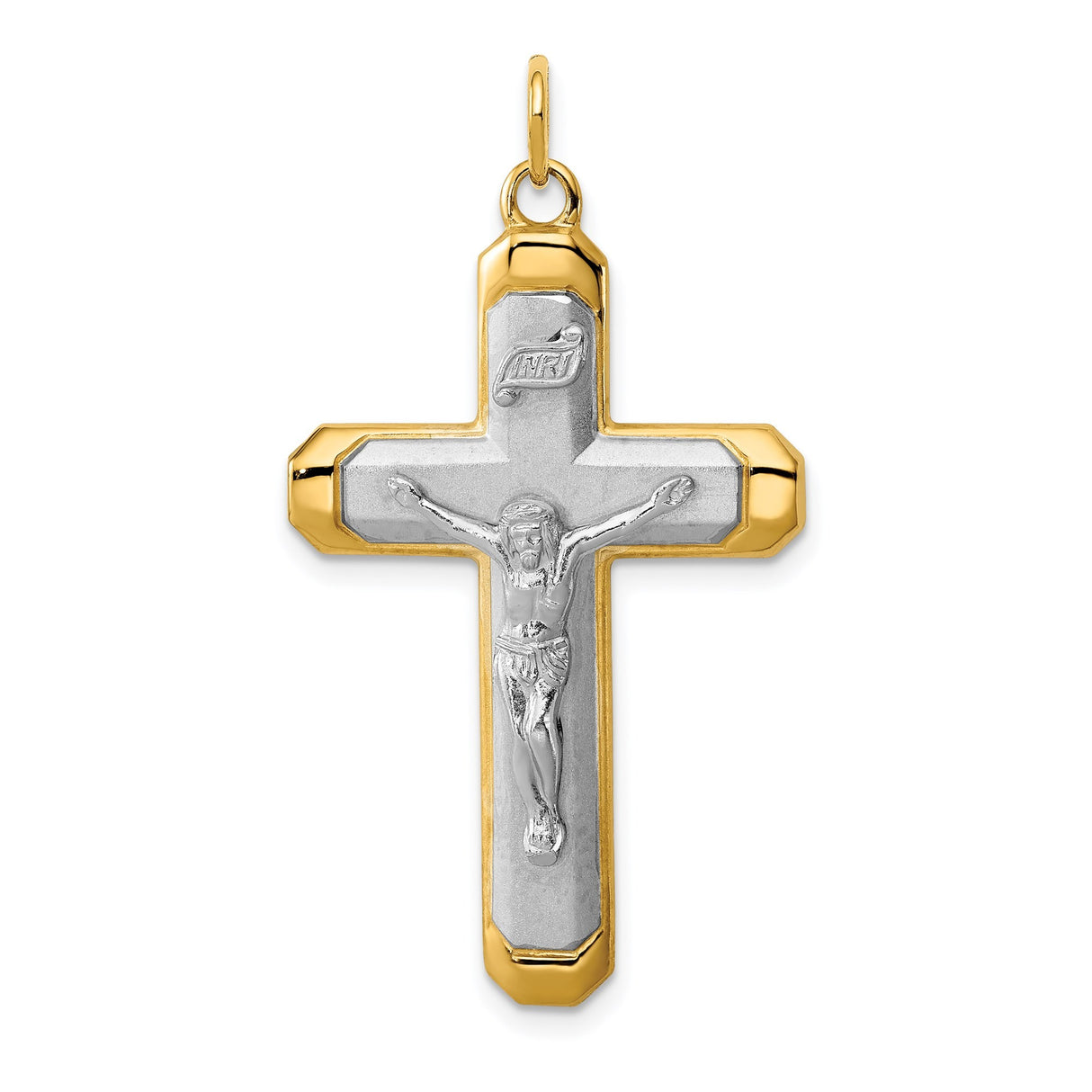 Sterling Silver Cross Pendant with Gold Vermeil Beveled Edge and Satin Finish Crucifix Design