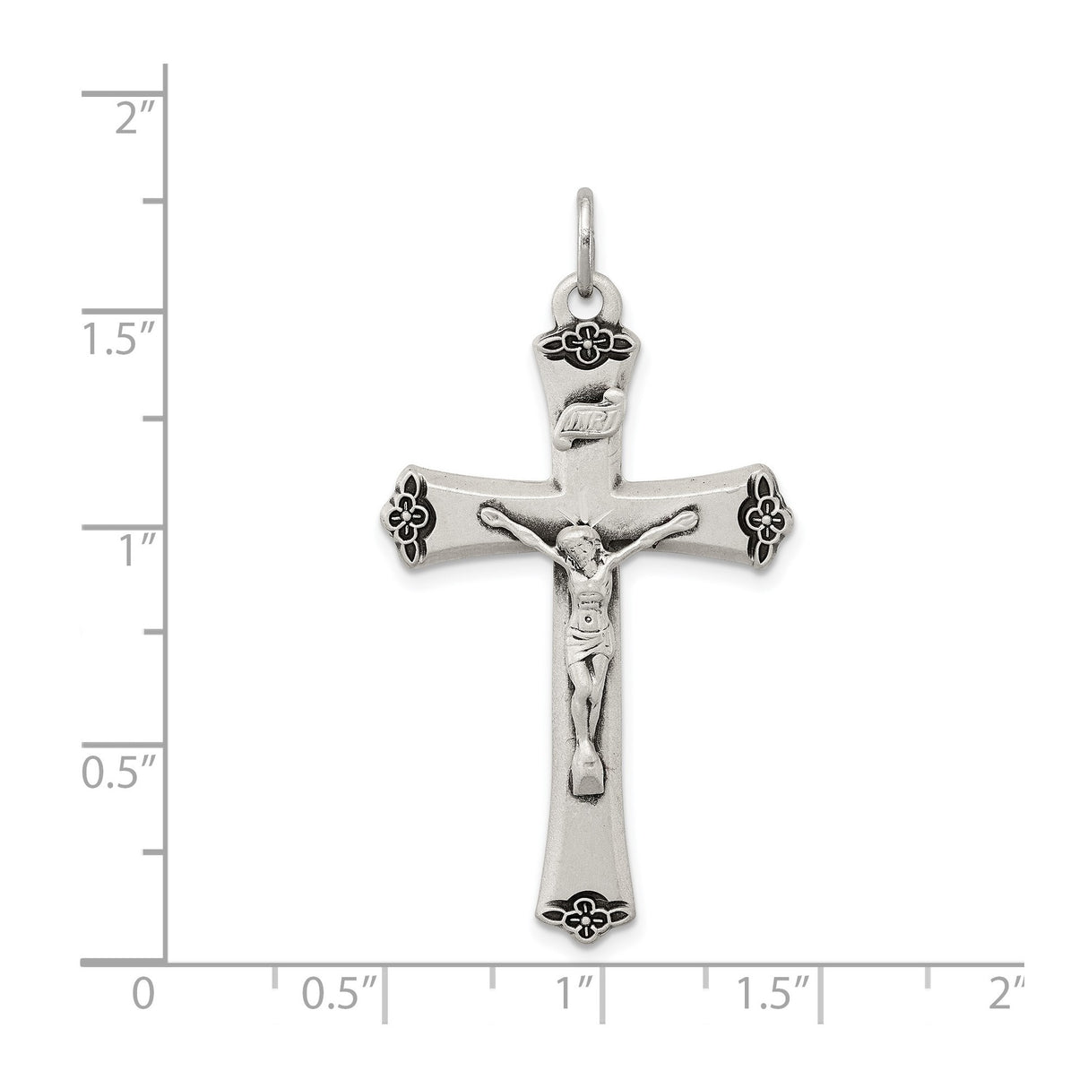 Sterling Silver Cross Pendant with Raised Corpus and Floral Motif, Antiqued Finish