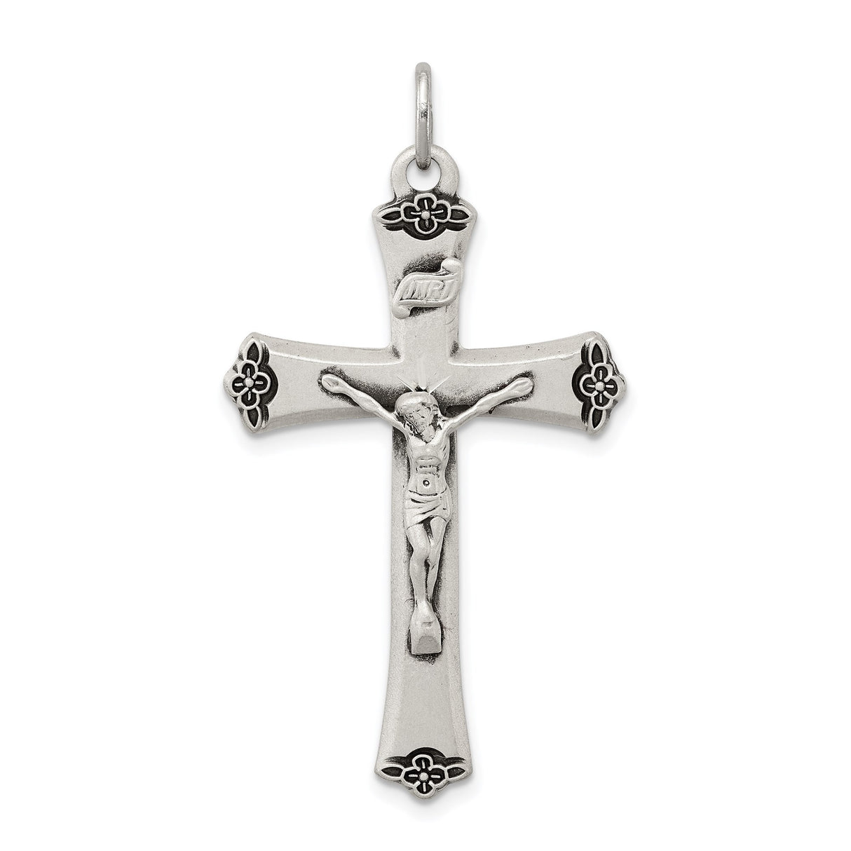 Sterling Silver Cross Pendant with Raised Corpus and Floral Motif, Antiqued Finish