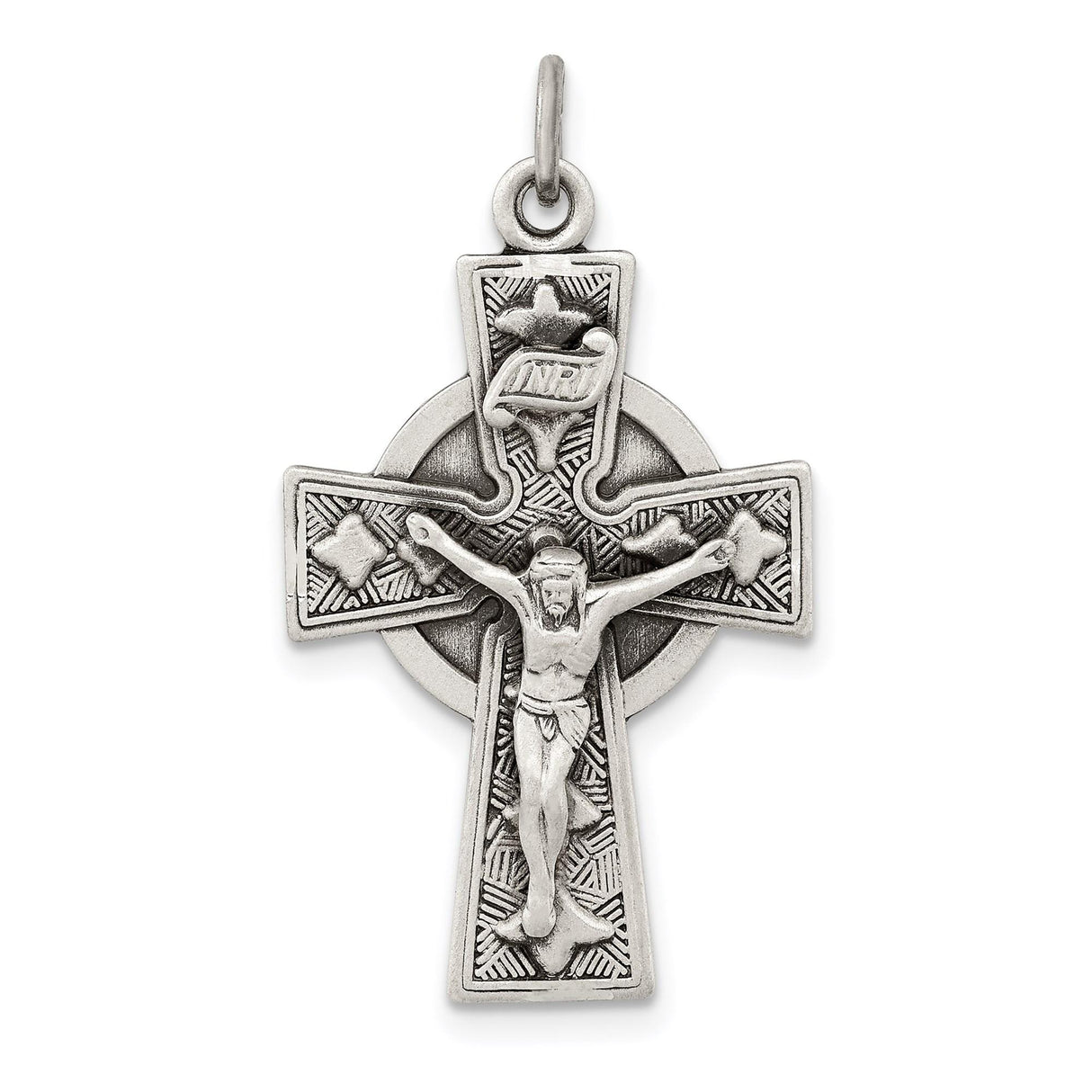 Sterling Silver Crucifix Cross Pendant with Celtic Etched Design and Halo Circle