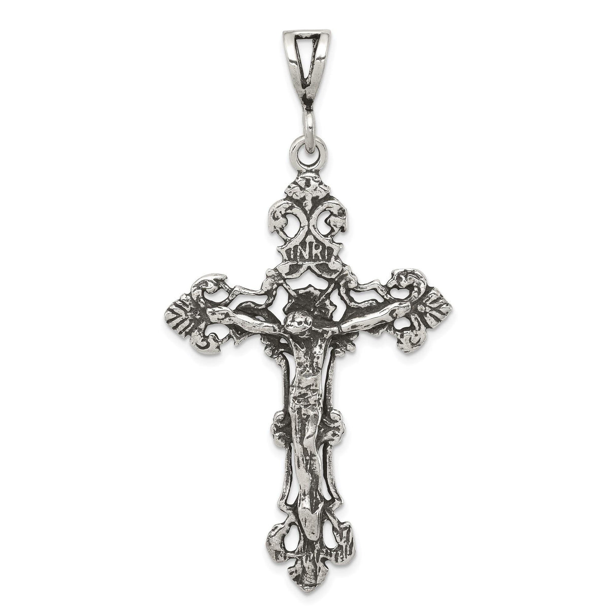 Sterling Silver Crucifix Pendant with Baroque Detailing, Gothic Religious Style