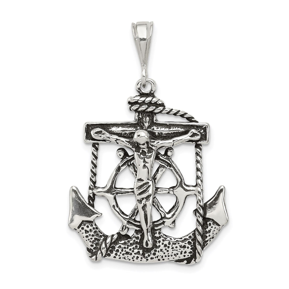 Sterling Silver Crucifix Pendant with Anchor, Rope, and Ship Wheel Nautical Design