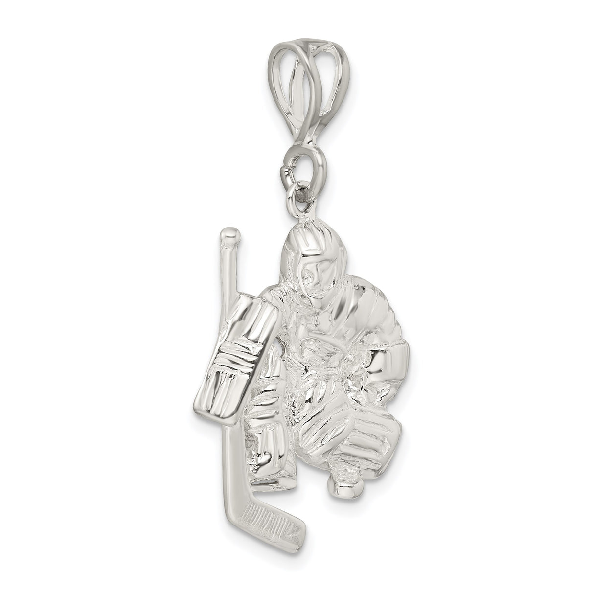 Sterling Silver Ice Hockey Goalie Pendant with Stick, Detailed Sports Charm
