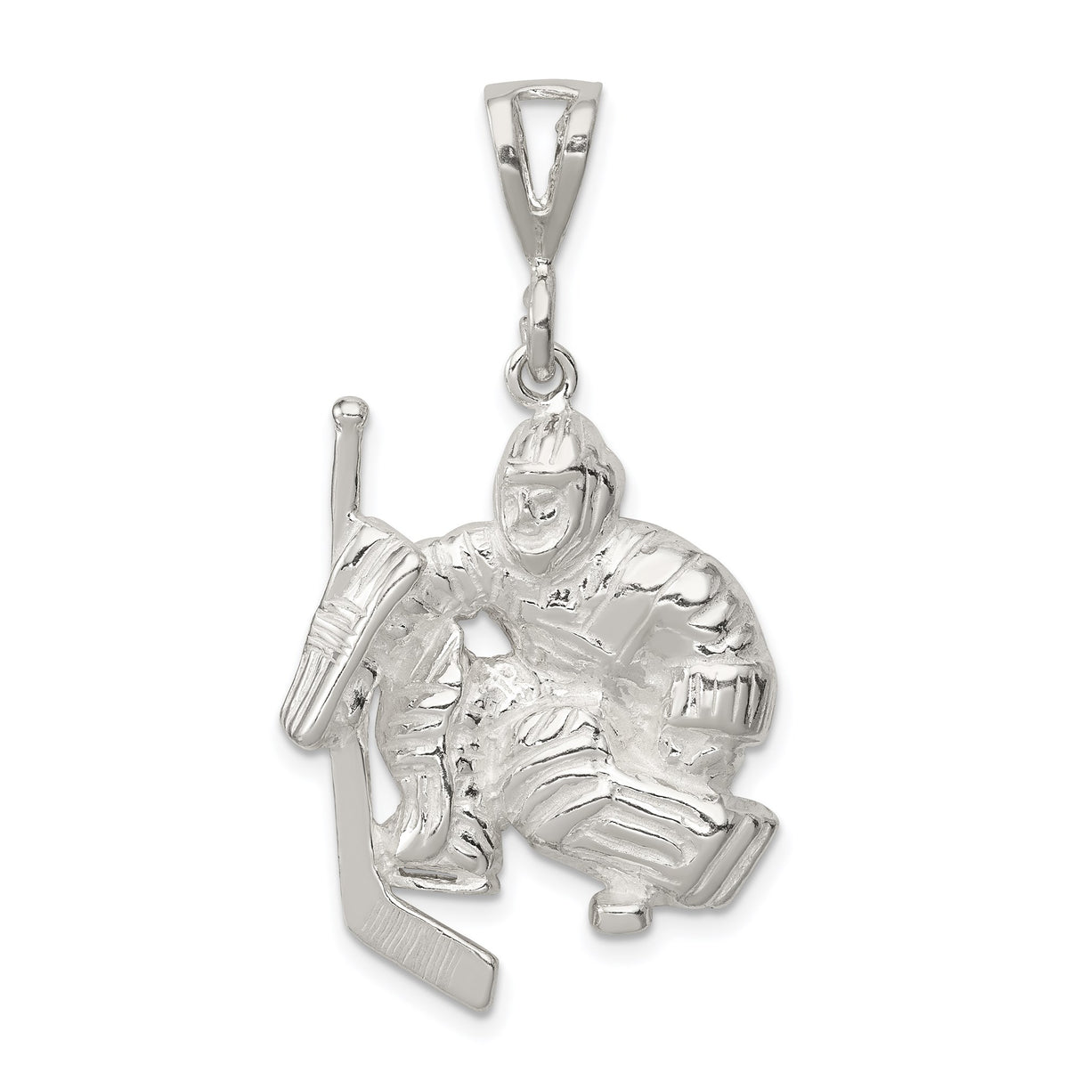 Sterling Silver Ice Hockey Goalie Pendant with Stick, Detailed Sports Charm