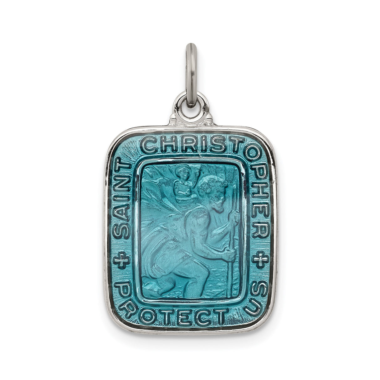 Sterling Silver Saint Christopher Blue Enamel Travel Pendant, Religious Talisman Charm