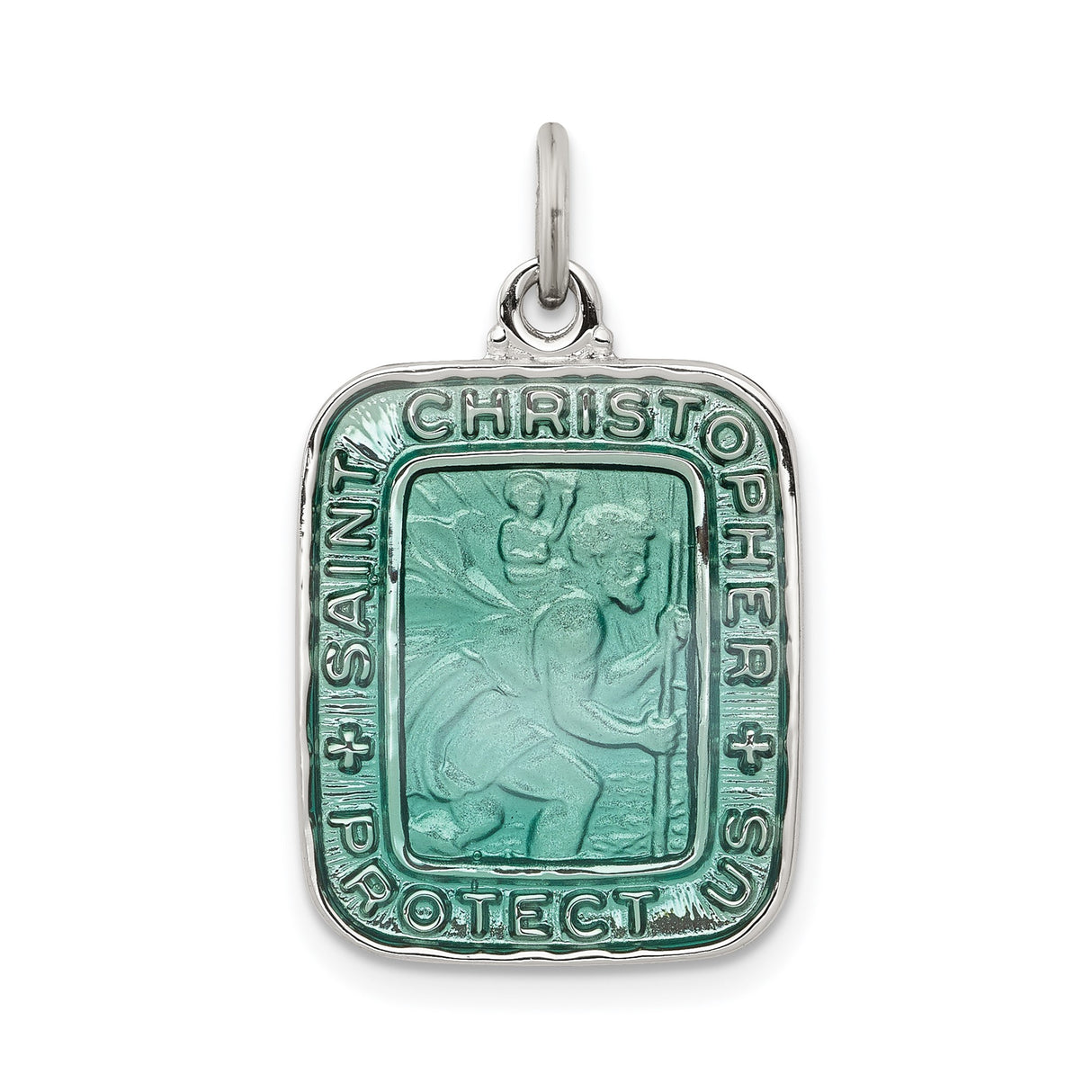 Sterling Silver Saint Christopher Pendant with Mint Green Enamel for Travel Protection